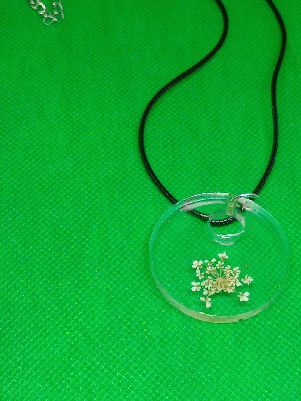 Clear Resin Pendant Necklace with Tiny White Flowers